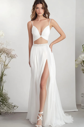 White Two Piece A Line Chiffon Engagement Dress With Slit